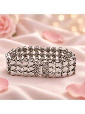 Silver Tone Clear CZ Three Row Puffy Heart Link Bracelet 7.5 In 21mm Wide
